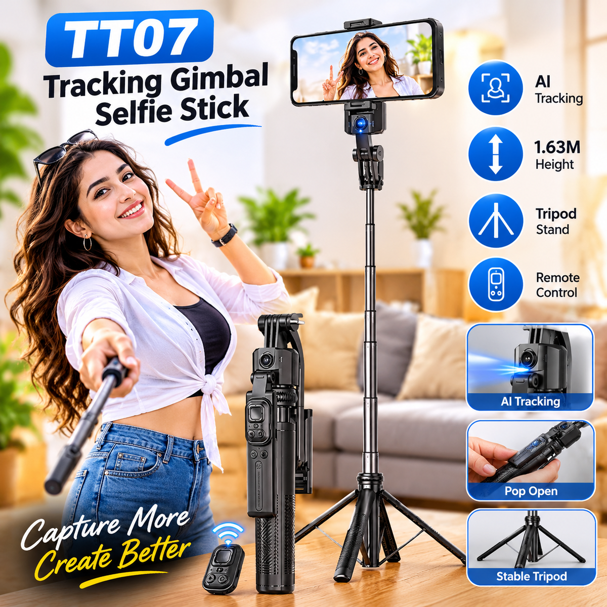 TT07 AI Tracking Gimbal Selfie Stick with Tripod & Remote Control – 1.63M | Auto Face Tracking, Black Extendable Monopod with Wireless Remote