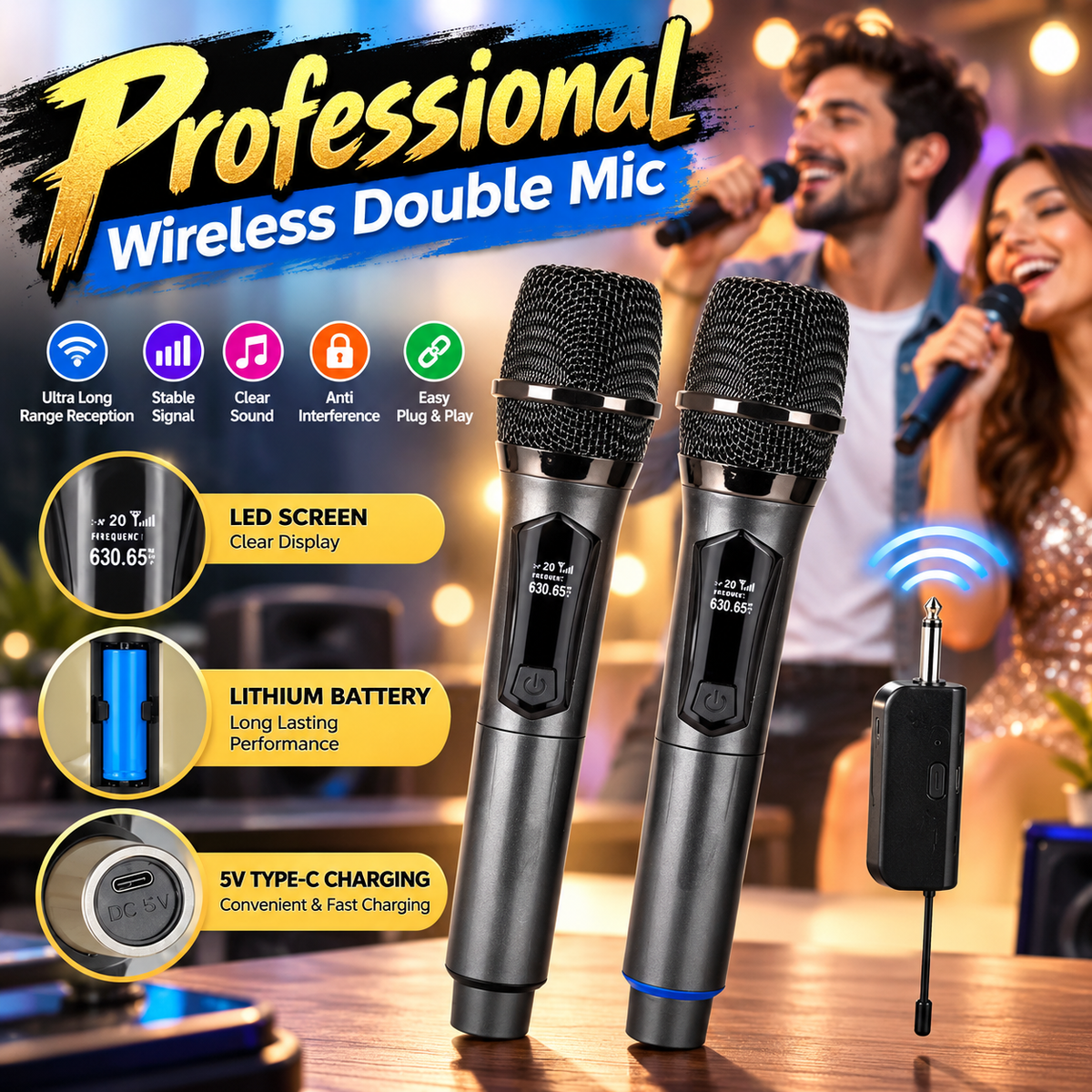 Professional Wireless Dual Handheld Microphone Set (2 pc) – Model 18650 | LED Display & Type-C Charging, 30M Reception Range, Karaoke Microphone Set for Singing
