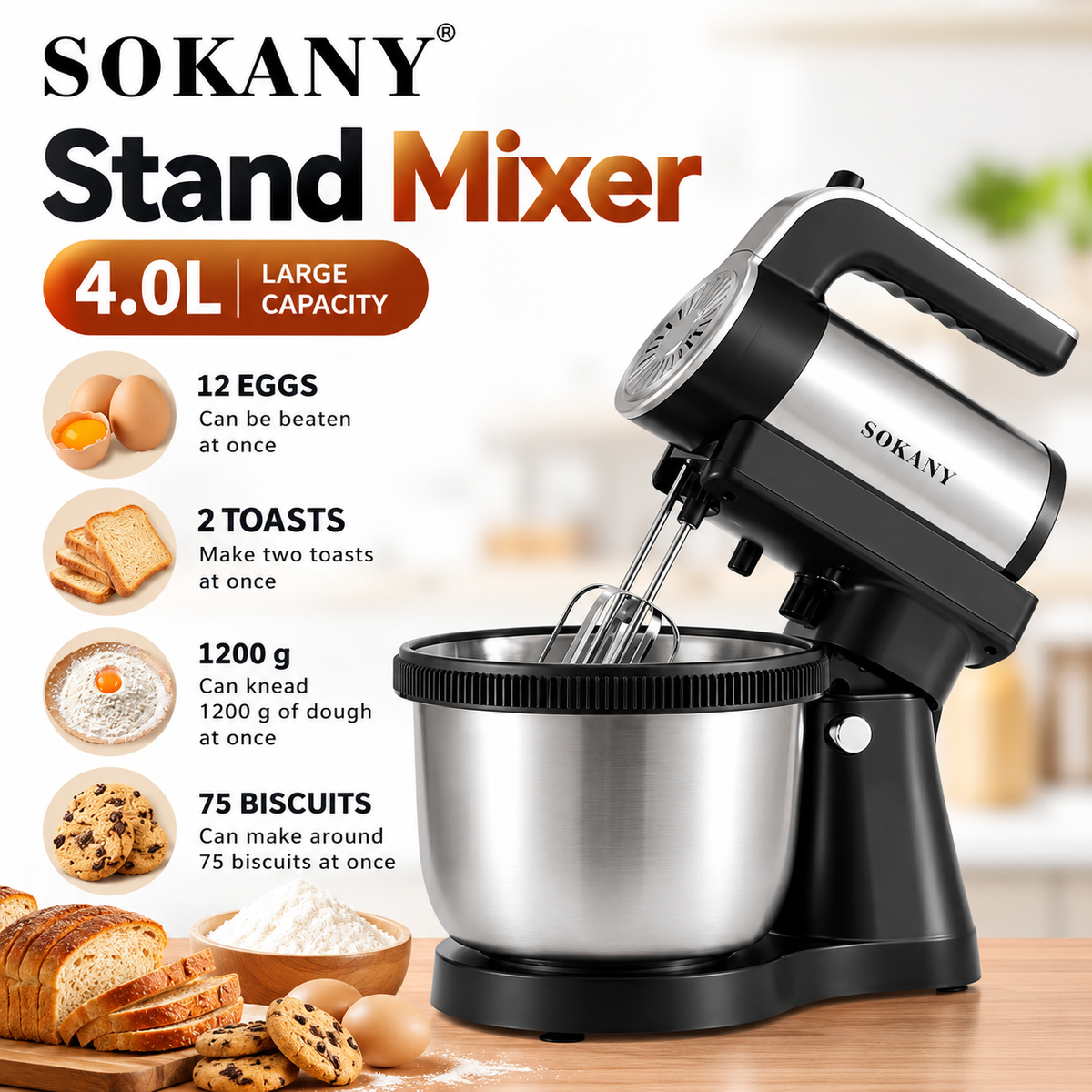 SOKANY SK-6662 Electric Stand Mixer 1000W - 5-Speed Tilt-Head Mixer with Stainless Steel Bowl, Dough Hook, Wire Whisk & Beater for Baking & Food Mixing