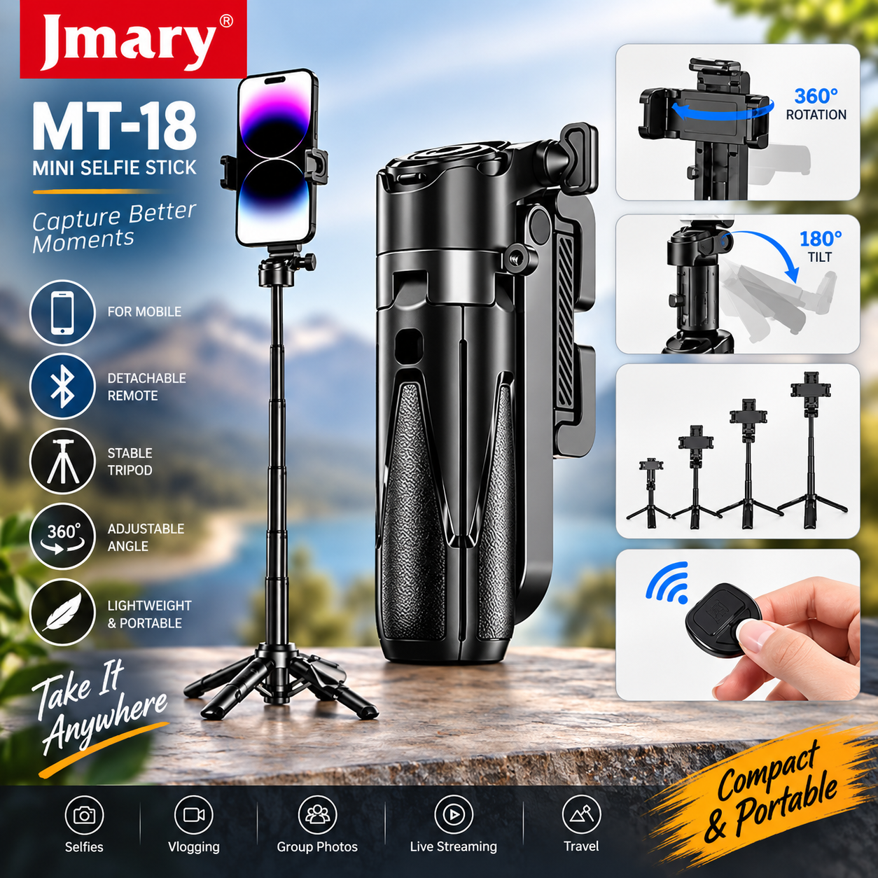 Jmary MT-18 Multifunctional Selfie Stick Tripod with Bluetooth Remote