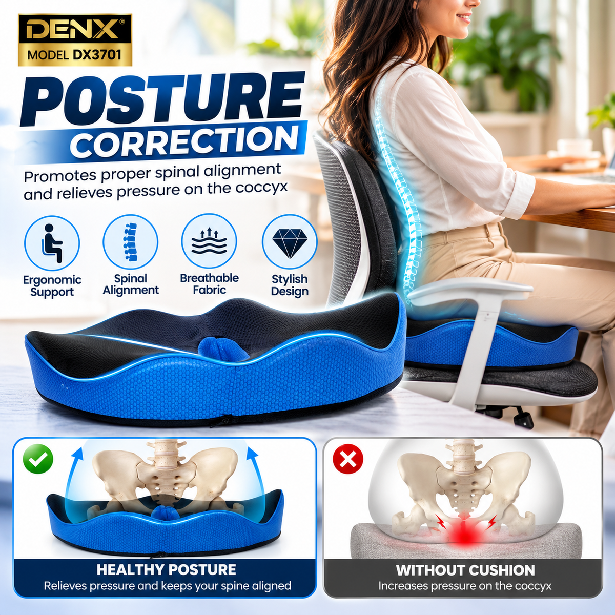 DENX  Memory Cotton Ergonomic Foam Seat Cushion – Posture Support Seat Cushion, Breathable Non-Slip Orthopedic Chair Pillow with Center Pressure Relief Hole | DX3701