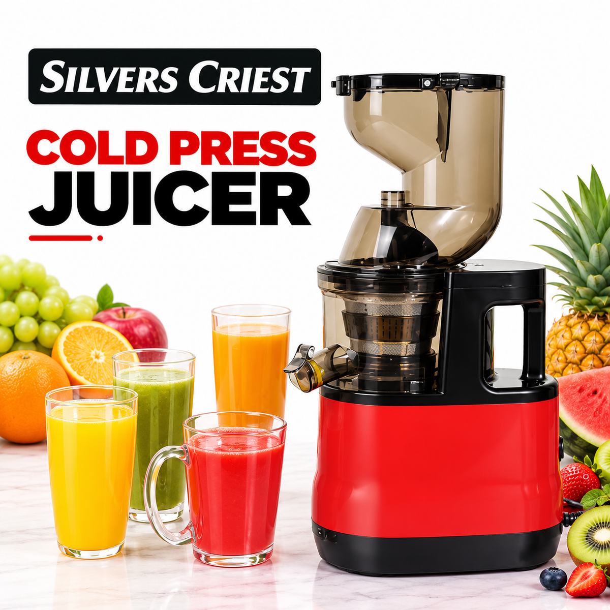 Silver Crest 3-in-1 Cold Press Juicer Machine, Stainless Steel Multi-Function Slow Juice Extractor for Fruits & Vegetables, Orange Juice Maker for Home, Office, Cafe, Restaurant | SC-1591