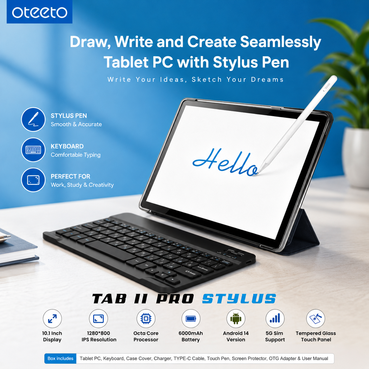 Oteeto Tab 11 Pro Stylus, 10.1-Inch Android 13 Tablet, 8GB RAM + 512GB Storage, 5G, with Keyboard and Stylus Pen