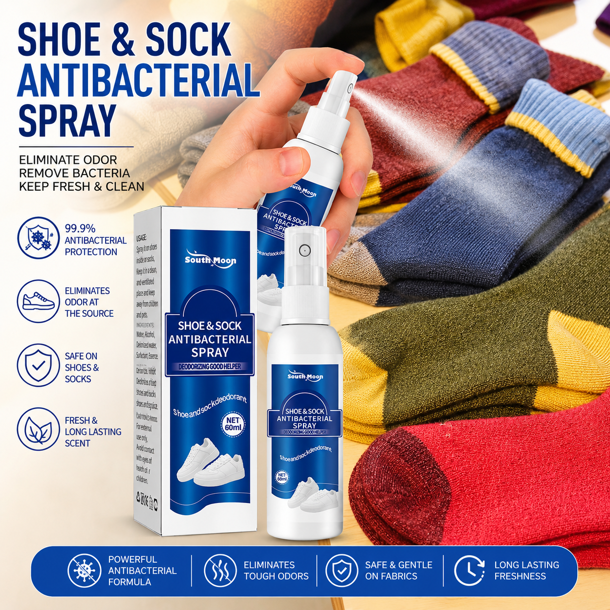 South Moon Model S0072302031 Shoe & Sock Antibacterial Spray 60ml – Foot Odor Eliminator & Fresh Shoe Deodorizer |