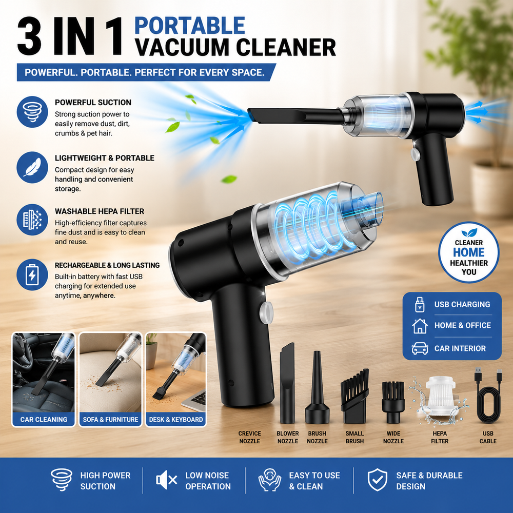 3 in 1 Portable Vacuum Cleaner Duster Blower Air Pump Wireless Handheld Clean Microscopic dust Like Car, Home,Computer, Laptop, Flower, Mirror Vehicle Interior Cleaner