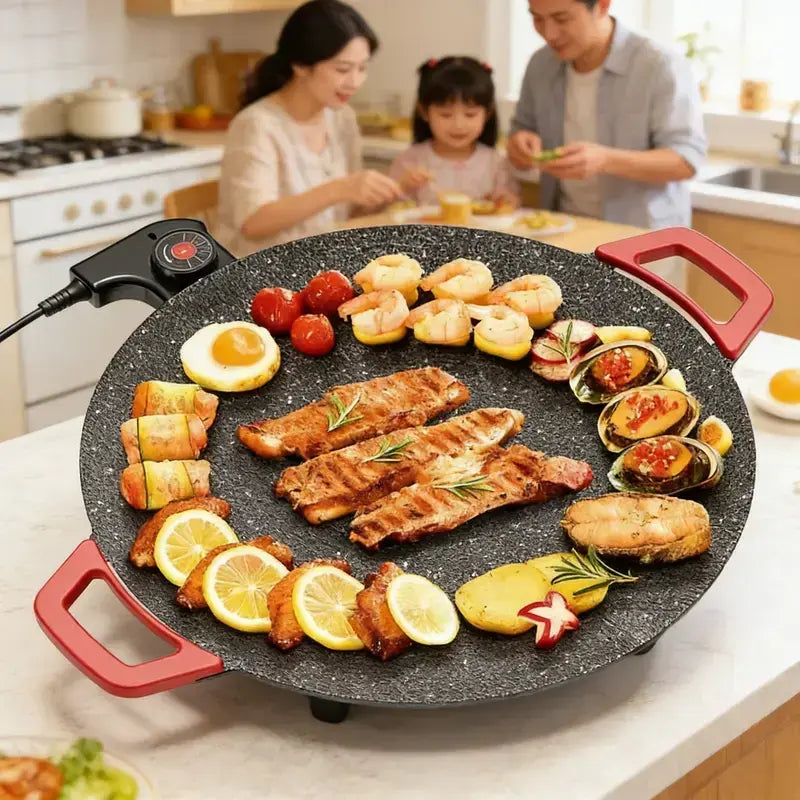 Non-Stick Electric Indoor Grill Pan, Smokeless Korean Grill Pan,28CM Multi Functional Electric Grill, Cooking Griddle Pan, Korean Style Bbq Grill Pan, Electric Baking Tray 800w Even Heating