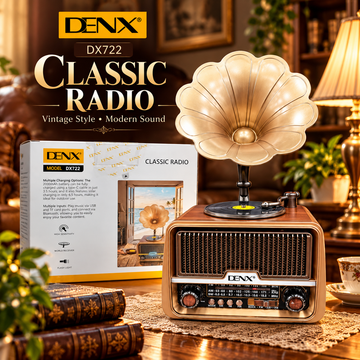 DENX DX722 Classic Retro Radio & Vintage Gramophone Speaker – Bluetooth, USB & TF , charging via Type-C port or solar power
