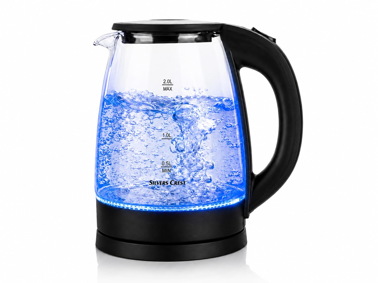 SLIVERS CRIESTCrest Electric Glass Kettle, 2L, Blue LED, 1500W, Auto Shut-Off, Transparent, Fast Boiling for Tea & Coffee