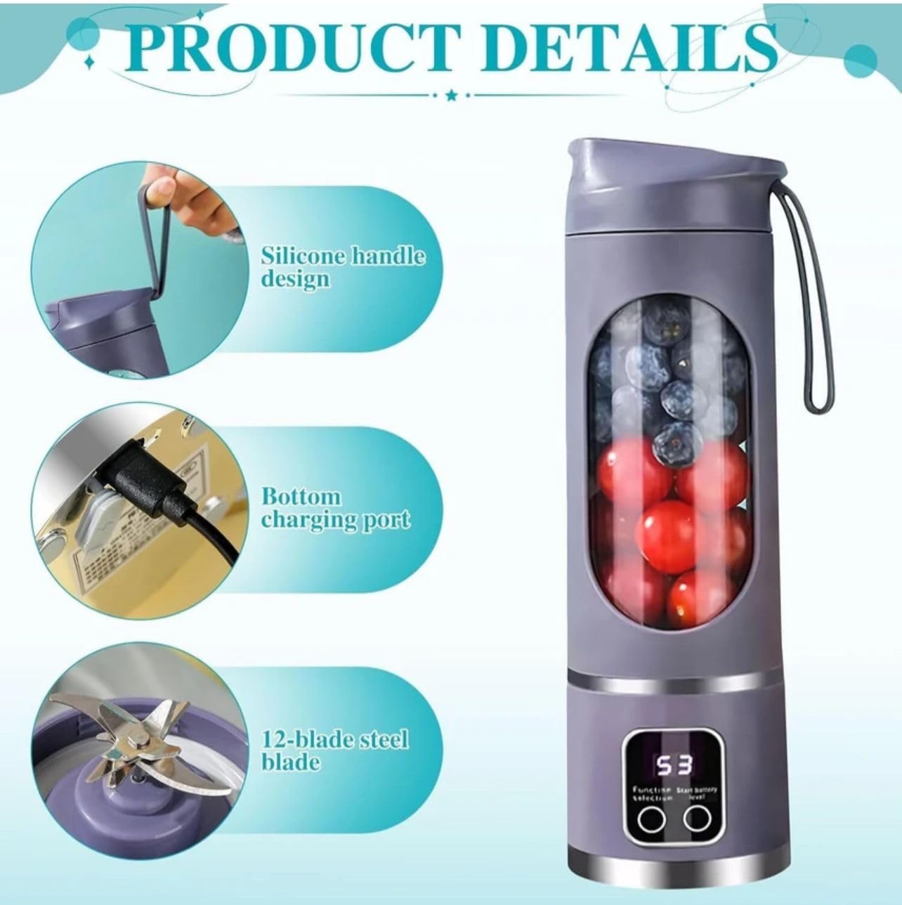 HS-860 10 Blades Portable Fruit Juicer 450ml Capacity 3 Gears USB Rechargeable Blender Ice