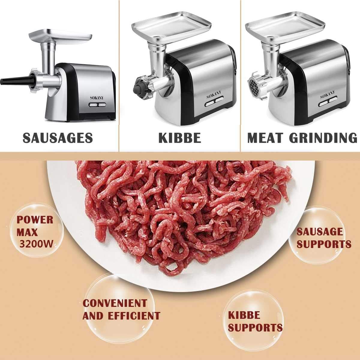 SOKANY SK-088 Electric Meat Grinder, 3200W Max Ultra Powerful, 3 in 1 Multifunction Electric Meat Grinder, Sausage Stuffer, 1 Cutting Blade, 3 Grinding Plates & Kubbe Attachment.(Sk-088 3200w)