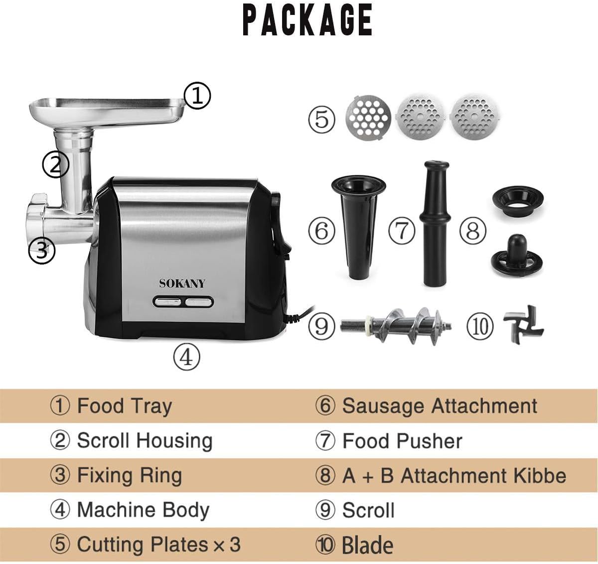 SOKANY SK-088 Electric Meat Grinder, 3200W Max Ultra Powerful, 3 in 1 Multifunction Electric Meat Grinder, Sausage Stuffer, 1 Cutting Blade, 3 Grinding Plates & Kubbe Attachment.(Sk-088 3200w)