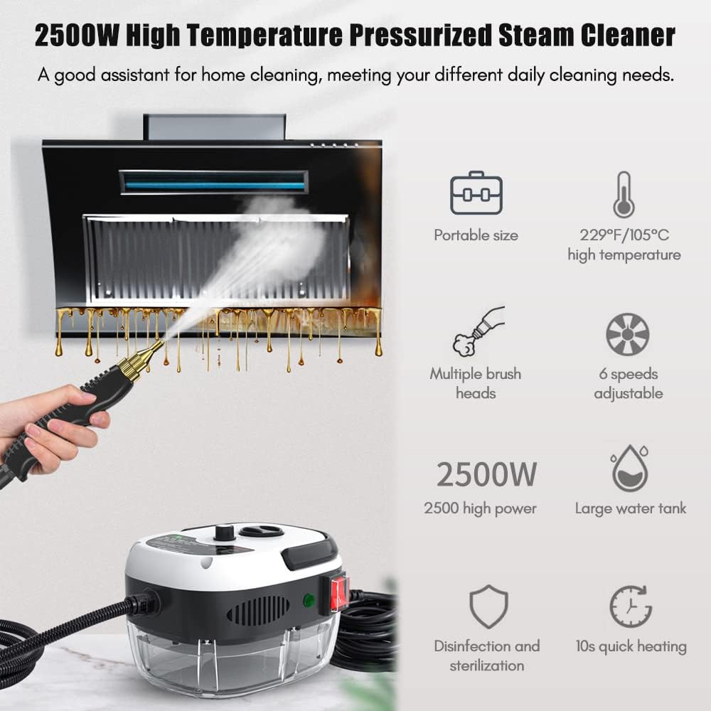 2500W High Pressure Steam Cleaners, Portable Steam Cleaner Handheld 6 Speeds for Home Kitchen Use, Steamer Cleaning Machine for Cleaning Upholstery, Bathroom, Grout and Tile, Car Detailing and Home