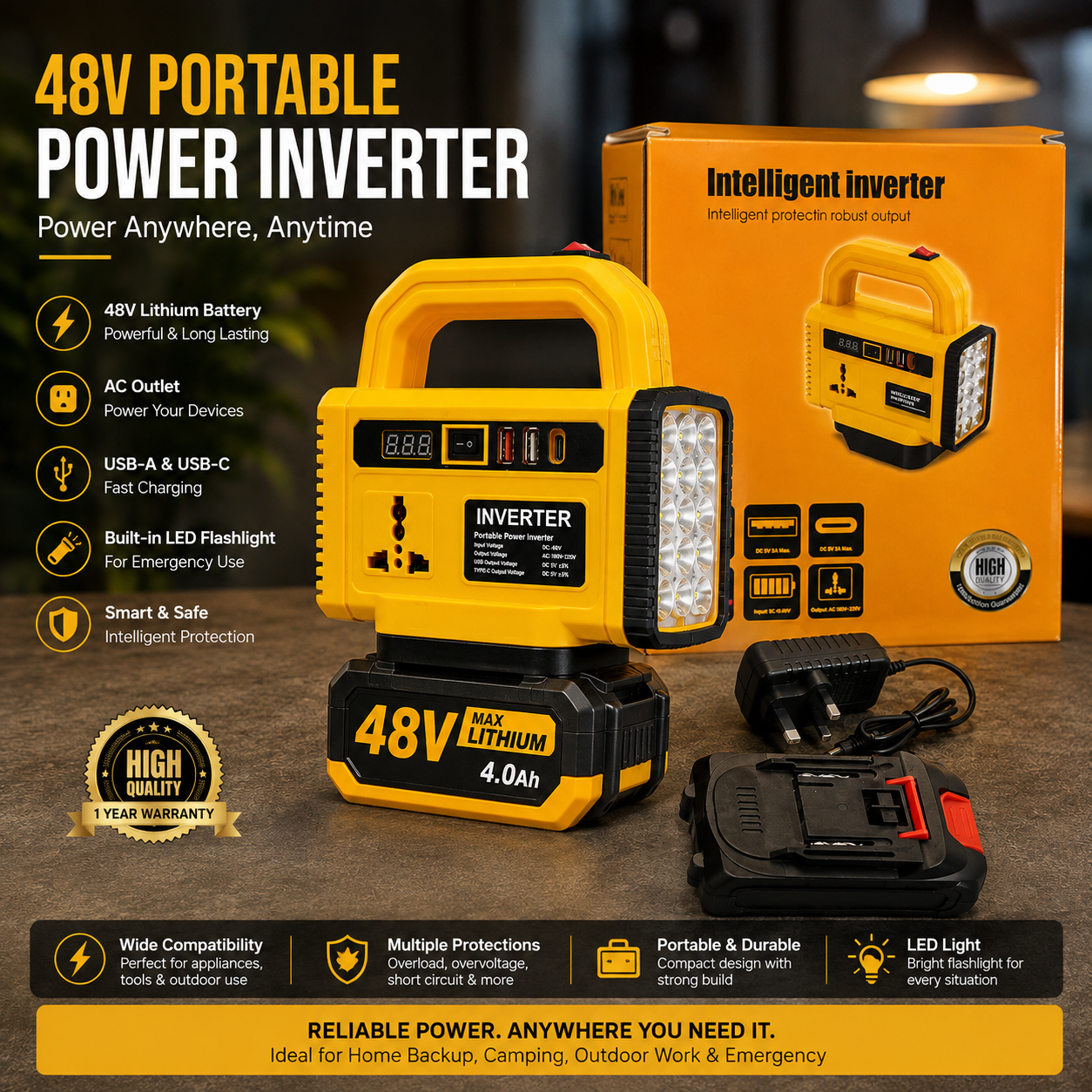 Yellow | 48V Portable Power Station with Battery & Charger – Intelligent Inverter & LED Light