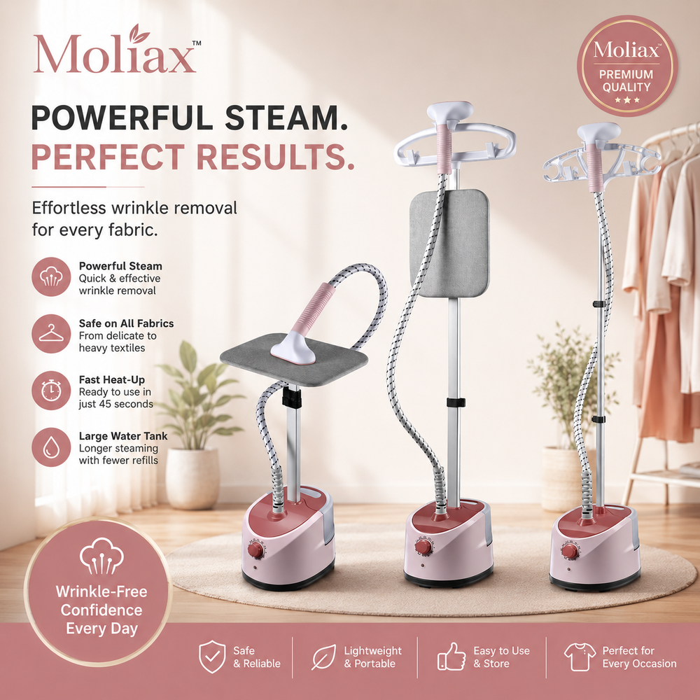 Moliax  MX-3019 Professional Vertical Garment Comfort Touch Plus Standing Garment Steamer 1800W Electric Steam Iron Hanging Ironing Machine Fabric Wrinkles Remover 1.7L Roundtube