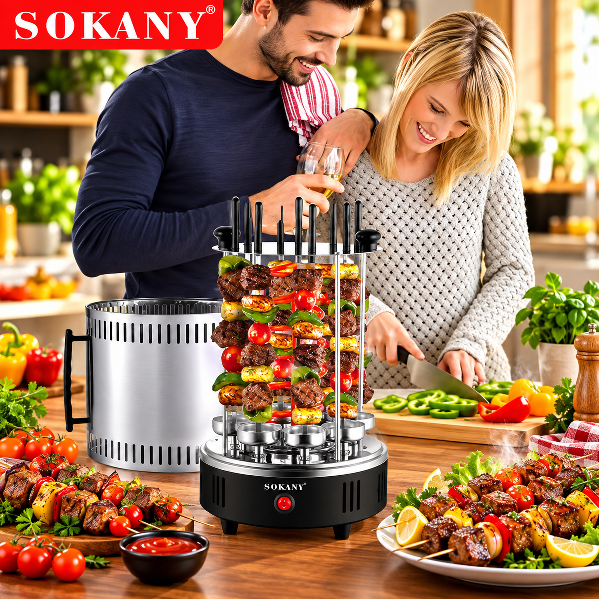 SOKANY SK-6113 Electric Skewer Grill – 1500W Rotating BBQ Kebab Maker with 8 Skewers