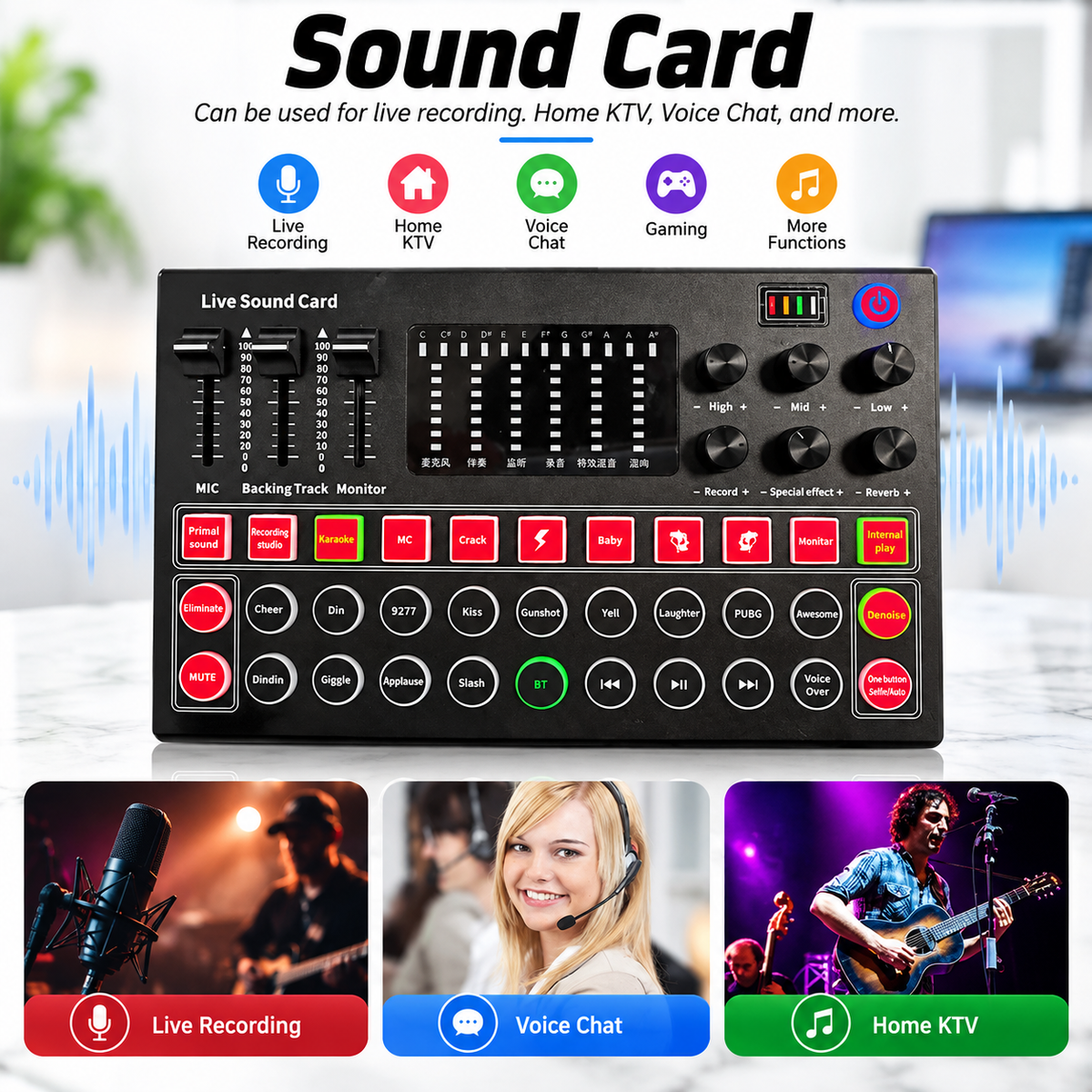 M9 Live Sound Card &Voice Mixer | Professional Audio Mixer with Bluetooth, Voice Effects & LED Display  Multi functional Tuning Sound Card, High/middle/bass Adjustable