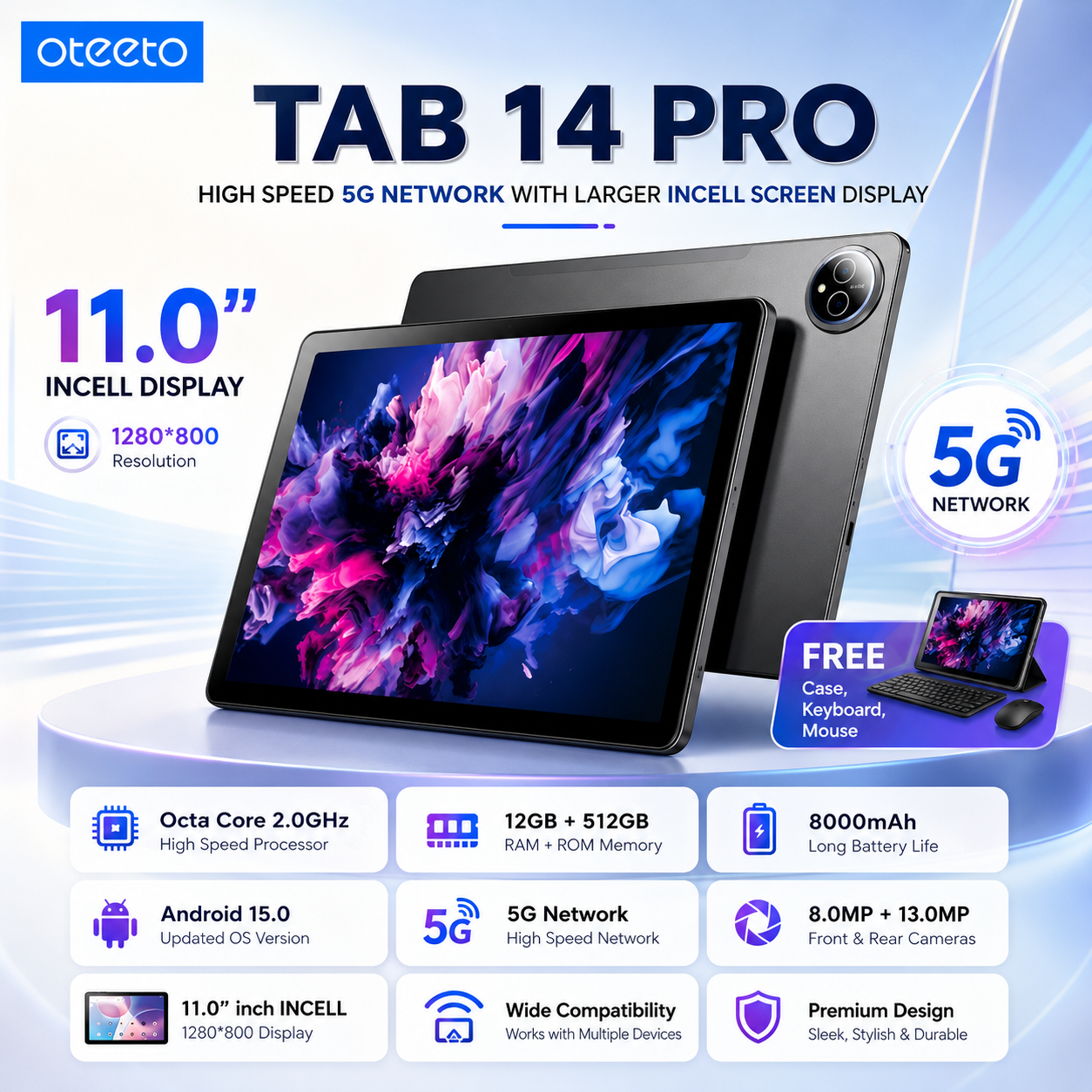 Oteeto TAB14 Pro | Android 15 & 11.0" INCELL 1280x800 Display | 12GB RAM + 512GB ROM | 5G Wi-Fi & 8000mAh Battery | 8.0MP Front + 13.0MP Rear Camera | Include Keyboard & Mouse