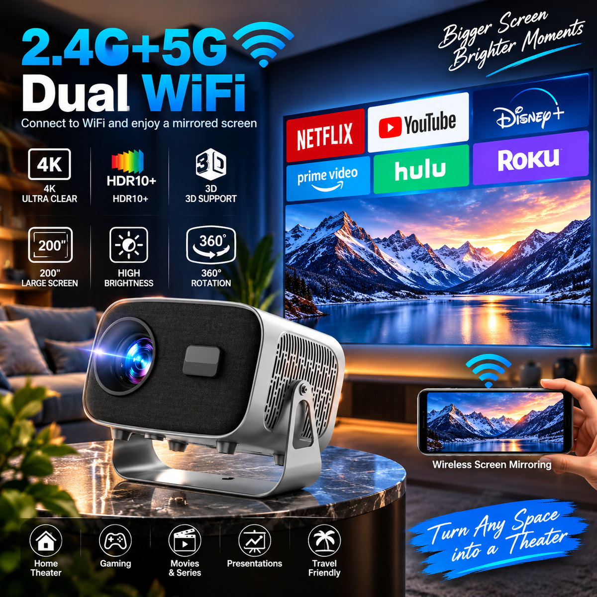 A10 Android Projector Support WIFI/BT5.0 4K Portable Projector with Autofocus & Keystone 5W Speakers Smart Home Projector for Phone Laptop
