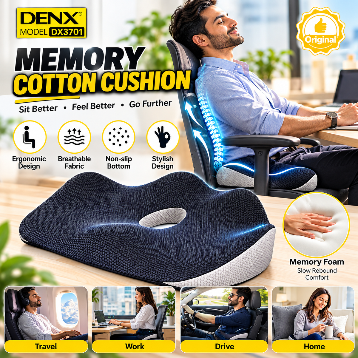 DENX  Memory Cotton Ergonomic Foam Seat Cushion – Posture Support Seat Cushion, Breathable Non-Slip Orthopedic Chair Pillow with Center Pressure Relief Hole | DX3701