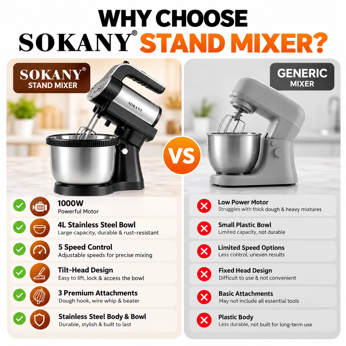 SOKANY SK-6662 Electric Stand Mixer 1000W - 5-Speed Tilt-Head Mixer with Stainless Steel Bowl, Dough Hook, Wire Whisk & Beater for Baking & Food Mixing