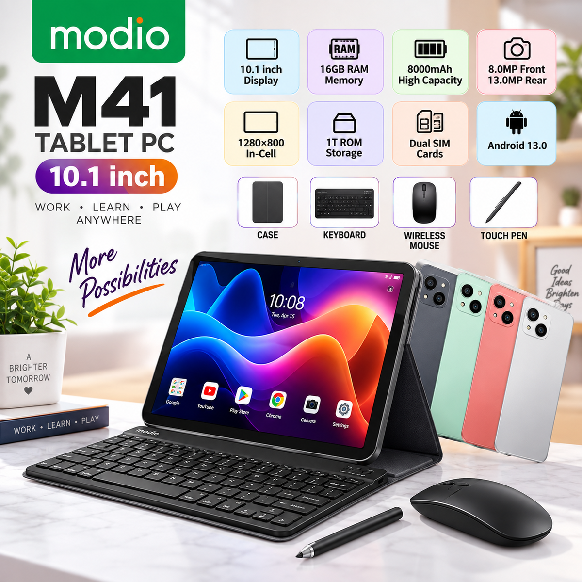 Modio M41 10.1" Tablet PC – Dual SIM | 8000mAh | Android 13 | 13MP+8MP Camera | with Keyboard, Mouse & Stylus