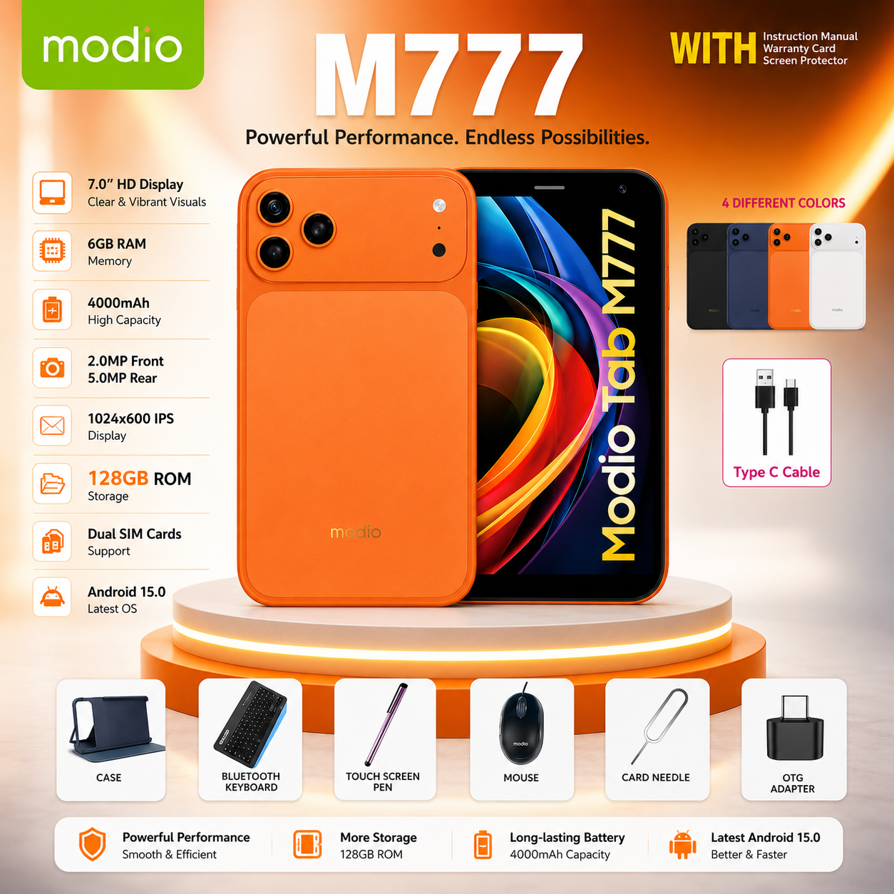Modio M777 |  7-Inch Tablet Pc – Android 15, Dual SIM, 4000mAh Battery 6GB+12GB