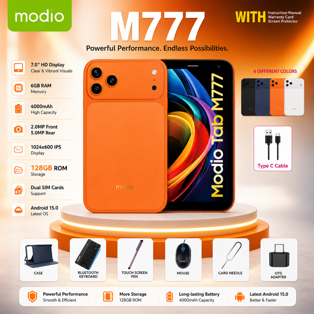 Modio M777 |  7-Inch Tablet Pc – Android 15, Dual SIM, 4000mAh Battery 6GB+12GB