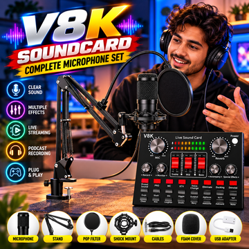 V8K Live Sound Card, BM800 Condenser Microphone Kit, Professional Audio Interface with High Fidelity Sound, USB Connection, and Multiple Input/output Options for Live Streaming