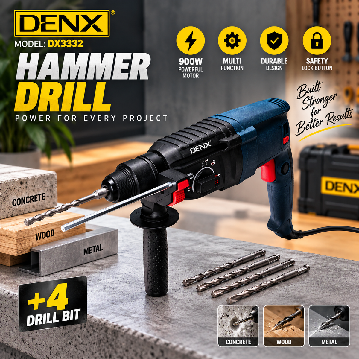 DENX DX3332 Hammer Drill 900W – 26mm Chuck Heavy-Duty Electric Drill | Drill designed for heavy-duty drilling tasks