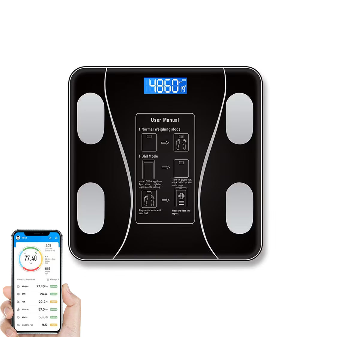 DENX Smart Digital Weighing Scale with App, Bluetooth Body Weight Scale with BMI Tracking, USB Rechargeable, Tempered Glass, High Precision Bathroom Scale for Home Fitness DX1717