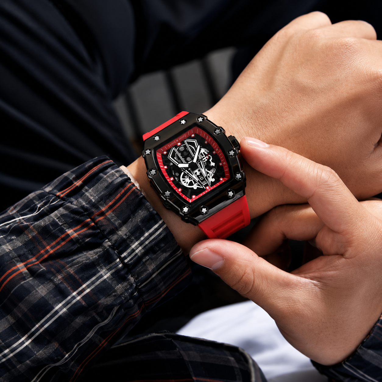 Luxury Skeleton Dial Men's Watch – Premium Silicone Strap, Quartz Analog Wristwatch, Sport Fashion Watch | Red