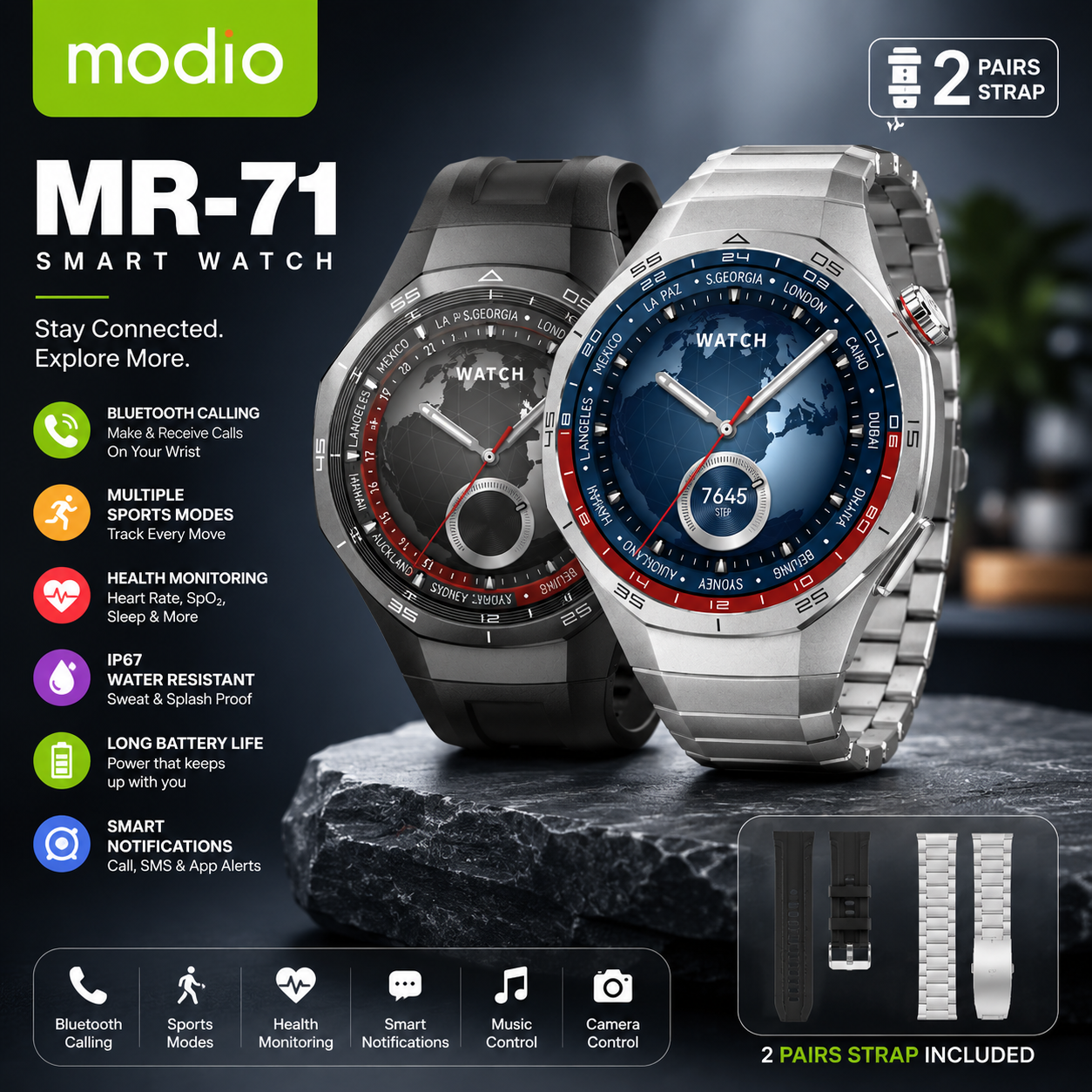 MODIO MR-71 Smart Watch – AMOLED Display, Bluetooth Calling, Wireless Charging & 2 Premium Straps