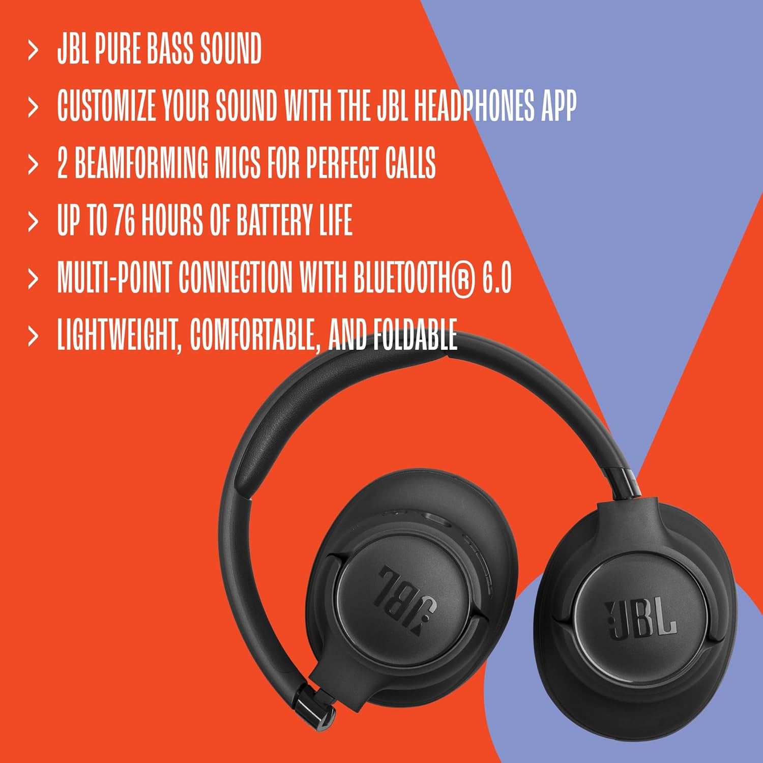 JBL Tune 730BT Wireless Over-Ear Bluetooth Headphones with Pure Bass Sound, 76H Battery Life, Dual Beamforming Mics, Multi-Point Bluetooth 6.0, Foldable & Comfortable