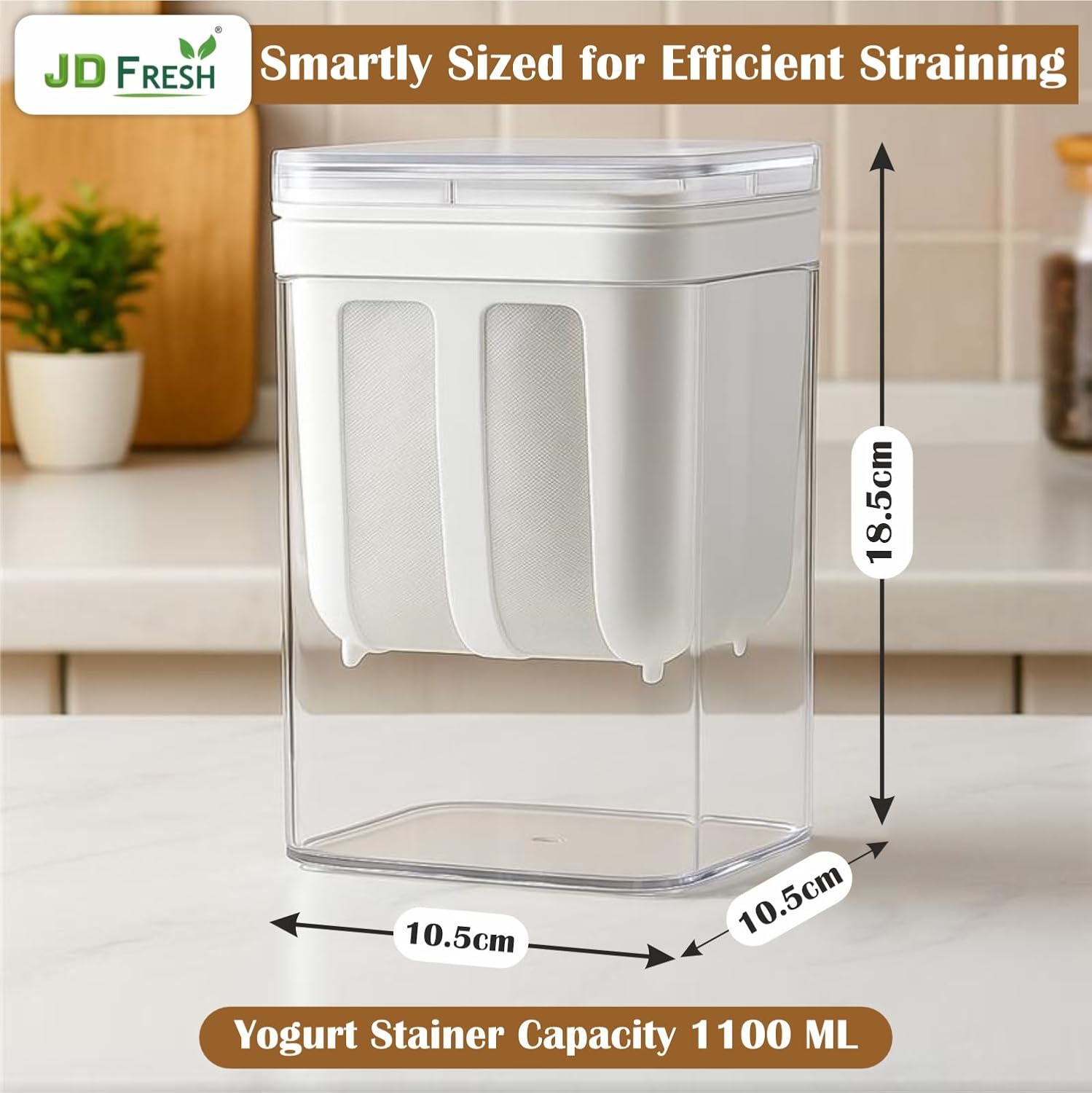 JD FRESH 1100ML Greek Yogurt & Curd Maker/Fine Mesh Strainer with Lid/Home Essentials/Hung Curd/Perfect for Homemade Yogurt/Whey Separator/Curd/Cheese & More 10.5x10.5x18.5 Cm,White