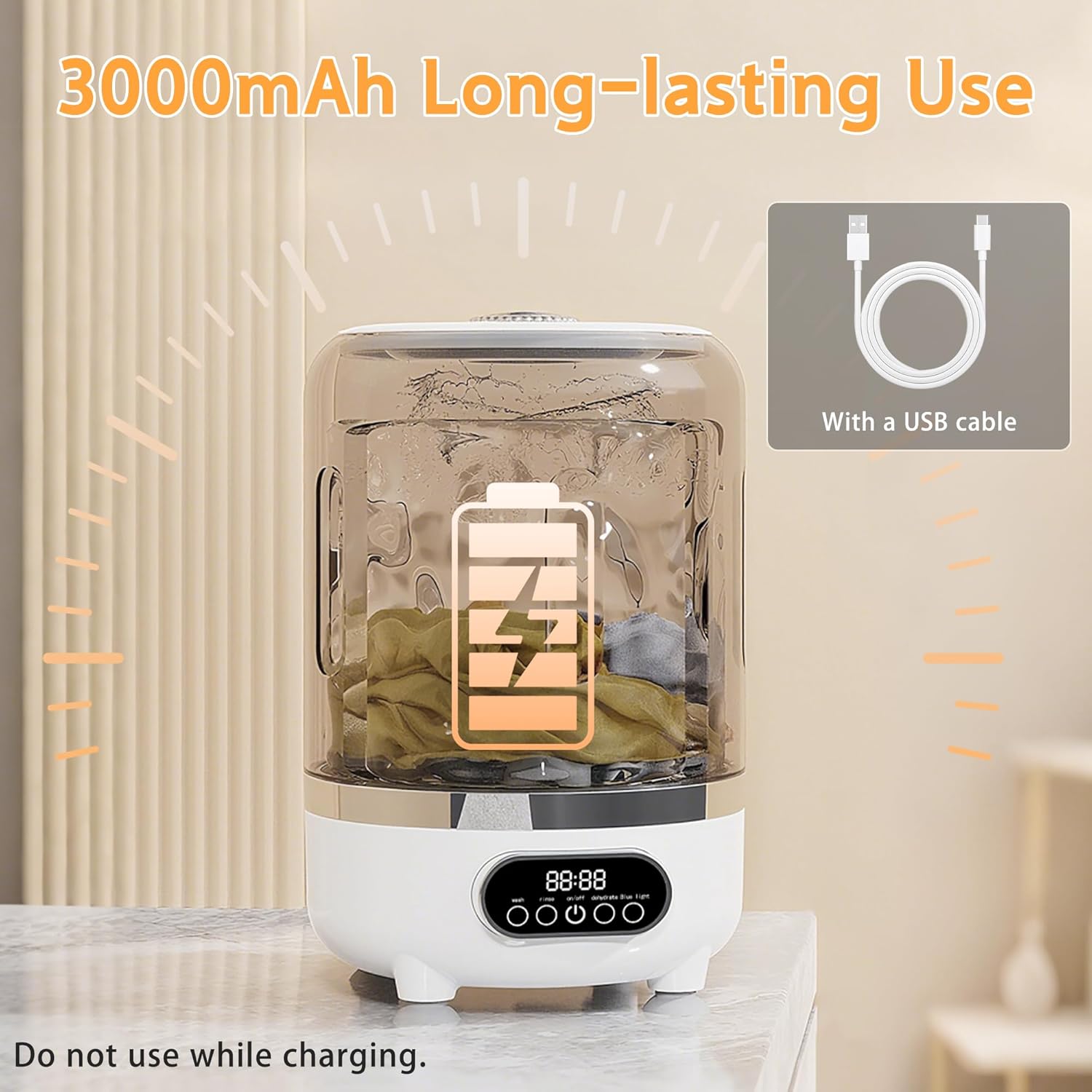 3-in-1 Portable Washing Machine, 3L Cordless Mini Washer with Spin Basket, 3 Modes 3000mAh Laundry Machine for Socks, Underwear, Bra (White)