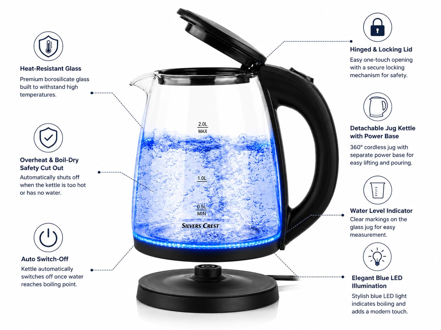 SLIVERS CRIESTCrest Electric Glass Kettle, 2L, Blue LED, 1500W, Auto Shut-Off, Transparent, Fast Boiling for Tea & Coffee