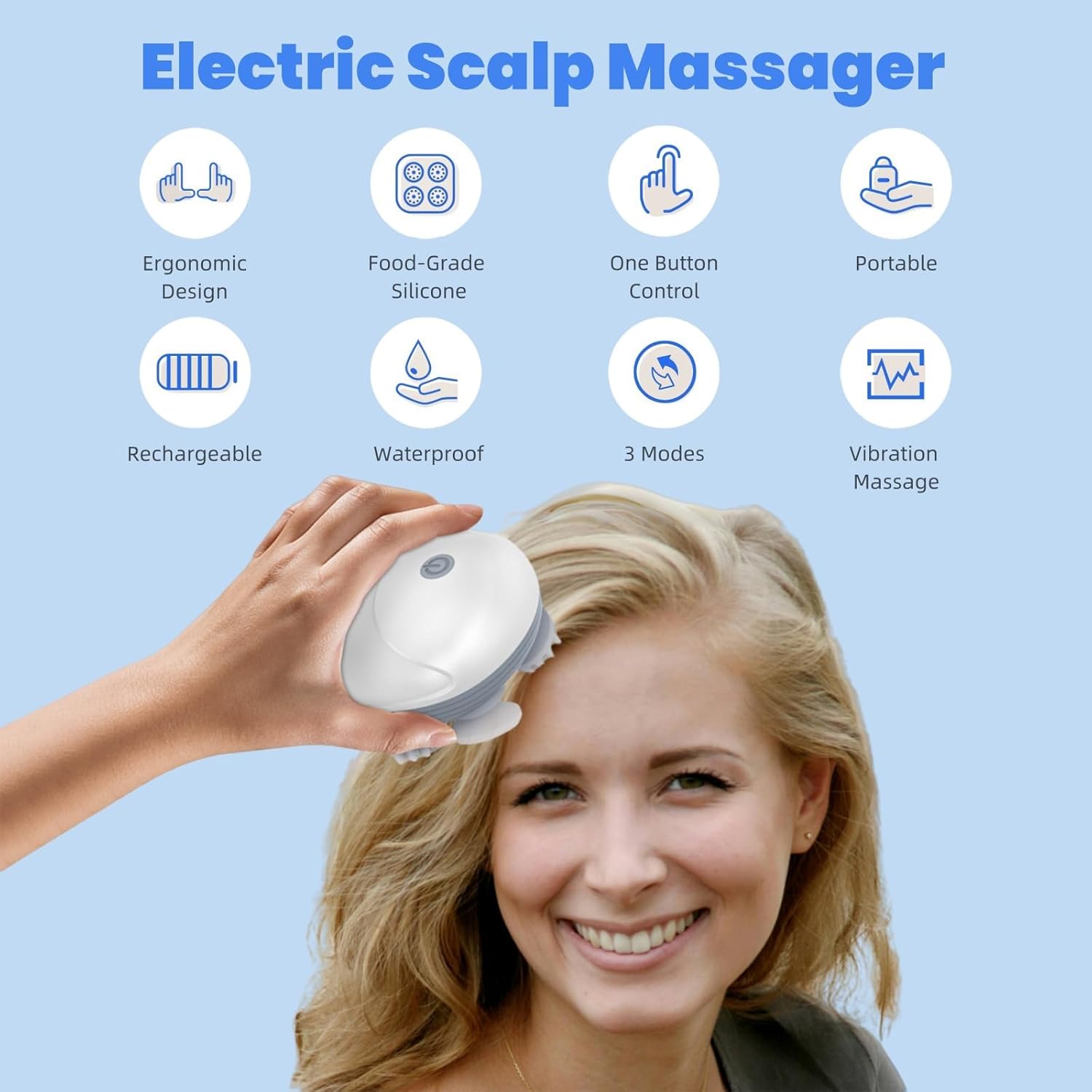 Electric Head Scalp Massager with 4 Detachable Massage Claws & 3 Speeds, Portable Handheld for Men Women Hair Growth & Stress Relax, Cat Dog Pet Head Massager, White