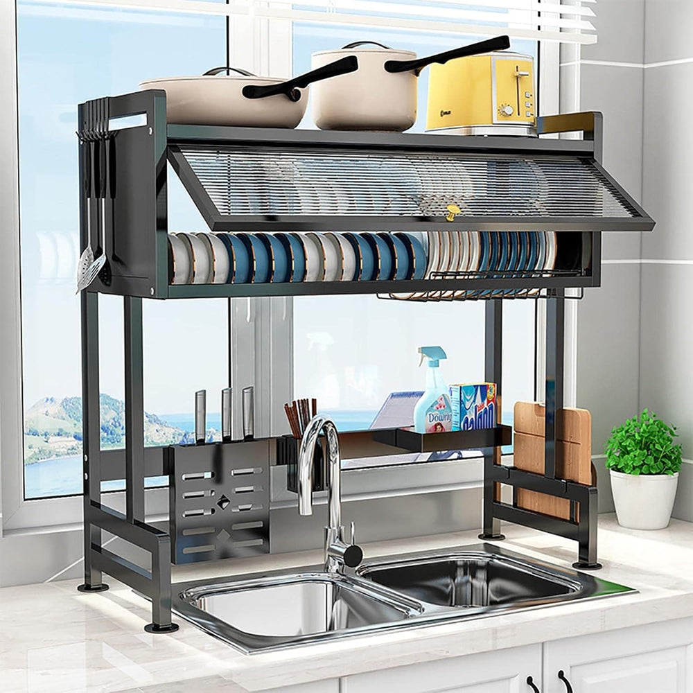 Kitchen Rack Over The Sink Dish Drying Rack, 3 Tier kitchen Drainer Drying Rack with Cover, Space Saving Large Stainless Steel Sink Dish Rack for Dishes, Bowls, Cutlery (75cm)