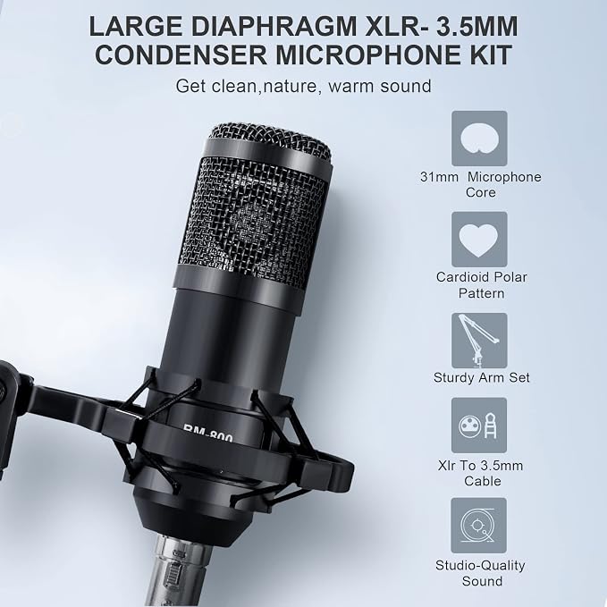 M8 Soundcard with BM800 Microphone Full Set – Professional Studio Equipment with Mic Arm,Bluetooth for Podcast,Streaming,Singing,PC