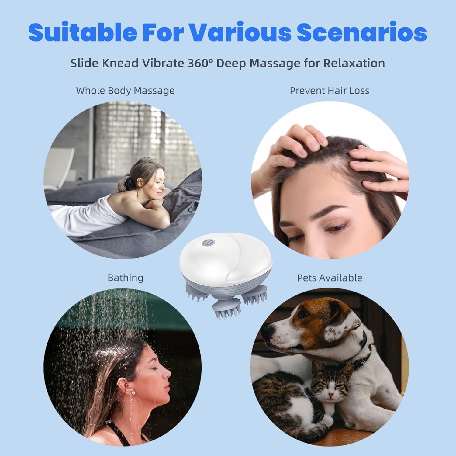 Electric Head Scalp Massager with 4 Detachable Massage Claws & 3 Speeds, Portable Handheld for Men Women Hair Growth & Stress Relax, Cat Dog Pet Head Massager, White