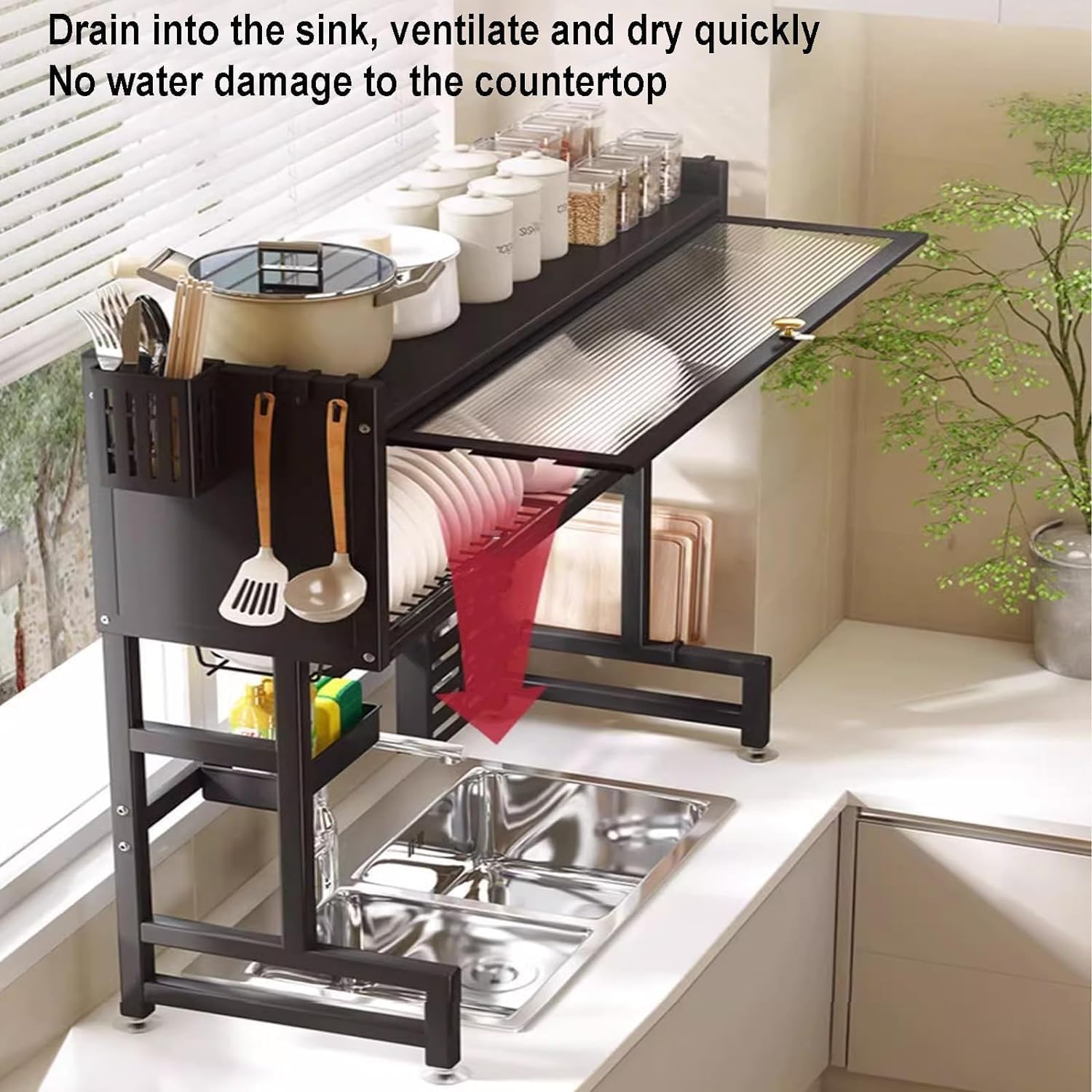 Kitchen Rack Over The Sink Dish Drying Rack, 3 Tier kitchen Drainer Drying Rack with Cover, Space Saving Large Stainless Steel Sink Dish Rack for Dishes, Bowls, Cutlery (75cm)