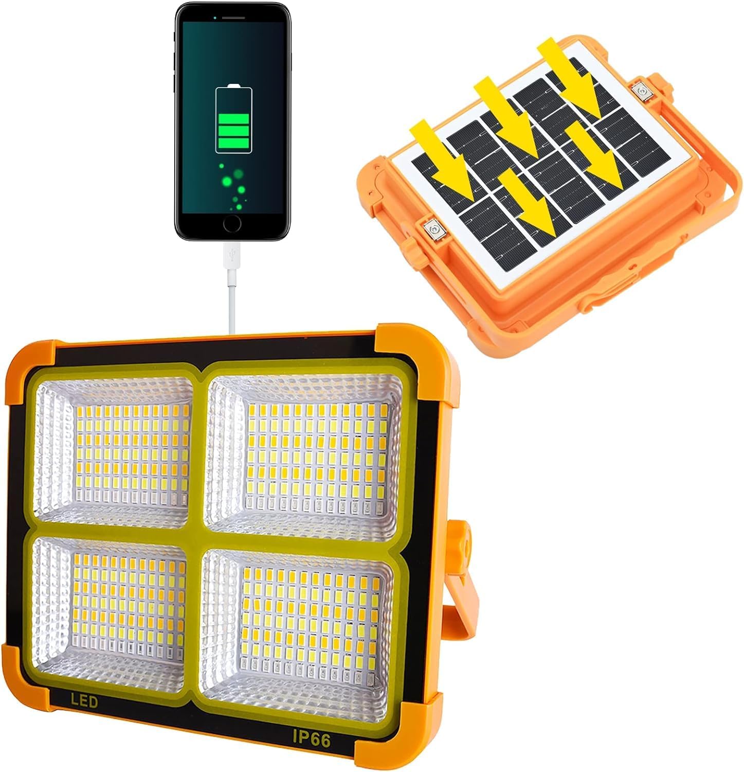 Solar LED Work Lights, 300W Rechargeable Portable USB Flood Light 4 Modes Security Job Site Lighting Waterproof 3000LM for Outdoor Camping Fishing Hiking Car Repairing Emergency