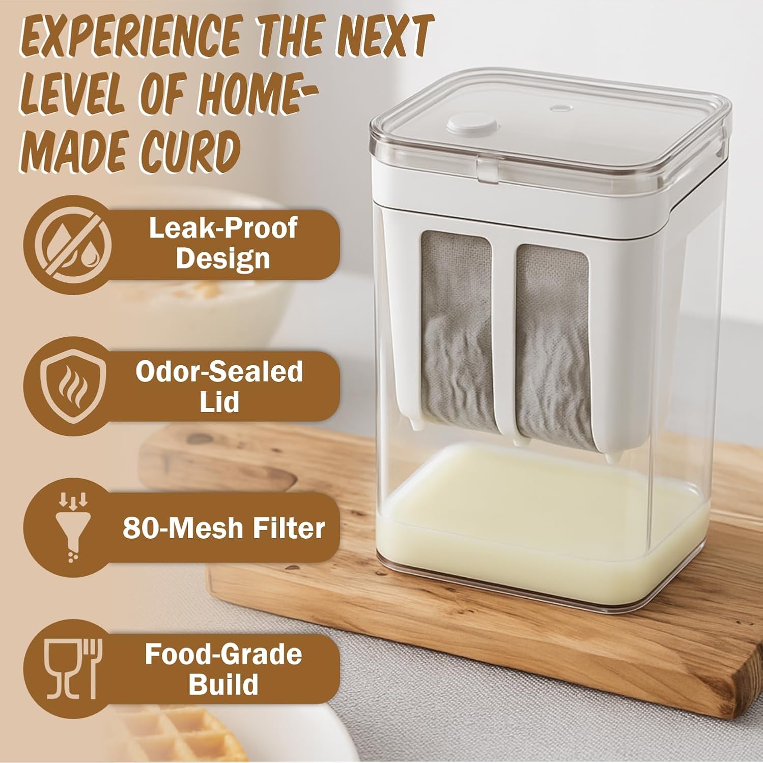 JD FRESH 1100ML Greek Yogurt & Curd Maker/Fine Mesh Strainer with Lid/Home Essentials/Hung Curd/Perfect for Homemade Yogurt/Whey Separator/Curd/Cheese & More 10.5x10.5x18.5 Cm,White