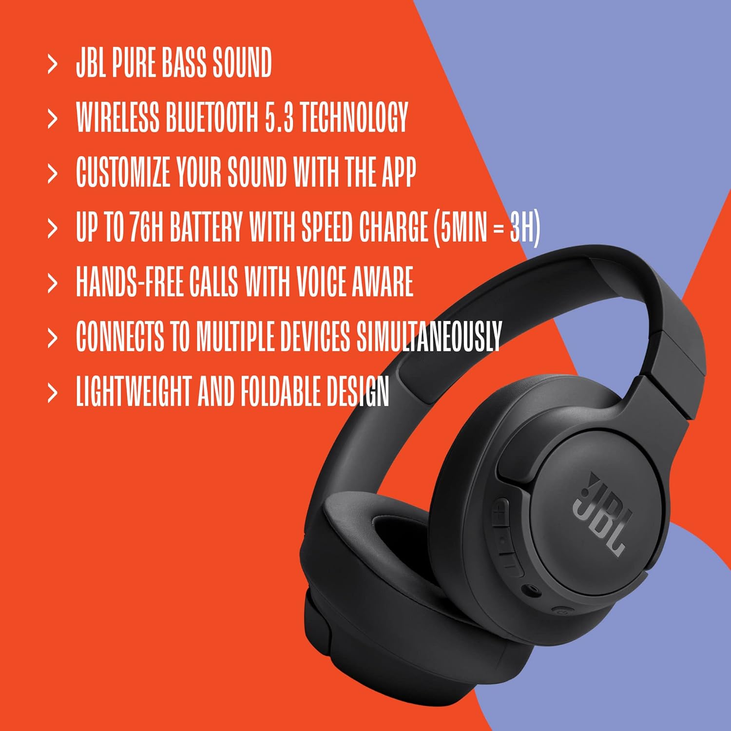 JBL Tune 720BT Wireless Over-Ear Headphones, Pure Bass Sound, Bluetooth 5.3, Hands-Free Call, Multi-Point Connection, Foldable - Black