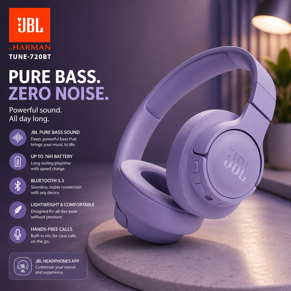 JBL Tune 720BT Wireless Over-Ear Headphones, Pure Bass Sound, Bluetooth 5.3, Hands-Free Call, Multi-Point Connection, Foldable - Purple
