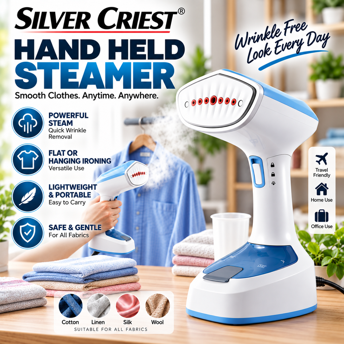 Slivers Criest 1500W Portable Handheld Garment Steamer for Clothes, Foldable Travel Detachable Water Tank & Fabric Brush | 25796
