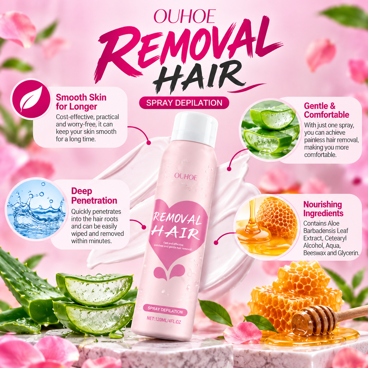 OUHOE  Hair Removal Spray 120ml, Fast and Efficient Gentle and Painless Hair Removal For Smooth Skin