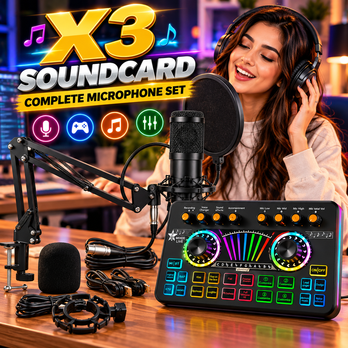 X3 Sound card With BM800 Complete Microphone Set – RGB Audio Mixer for Podcasting, Gaming, Recording & Live Streaming