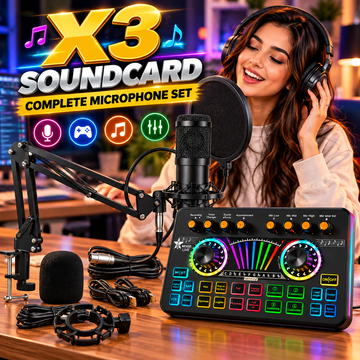 X3 Sound card With BM800 Complete Microphone Set – RGB Audio Mixer for Podcasting, Gaming, Recording & Live Streaming