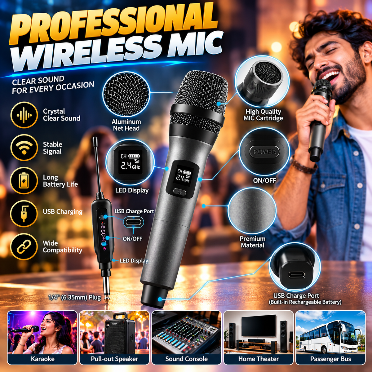 Professional Wireless Dual Handheld Microphone Set (2 pc) – Model 18650 | LED Display & Type-C Charging, 30M Reception Range, Karaoke Microphone Set for Singing